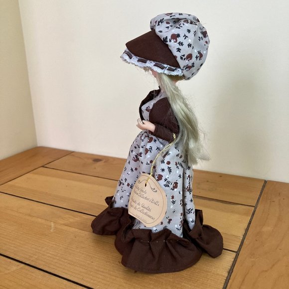 Blonde Big Eye Doll Brown Calico Floral Prairie Bonnet & Dress 9" Vintage Korea - Picture 9 of 12